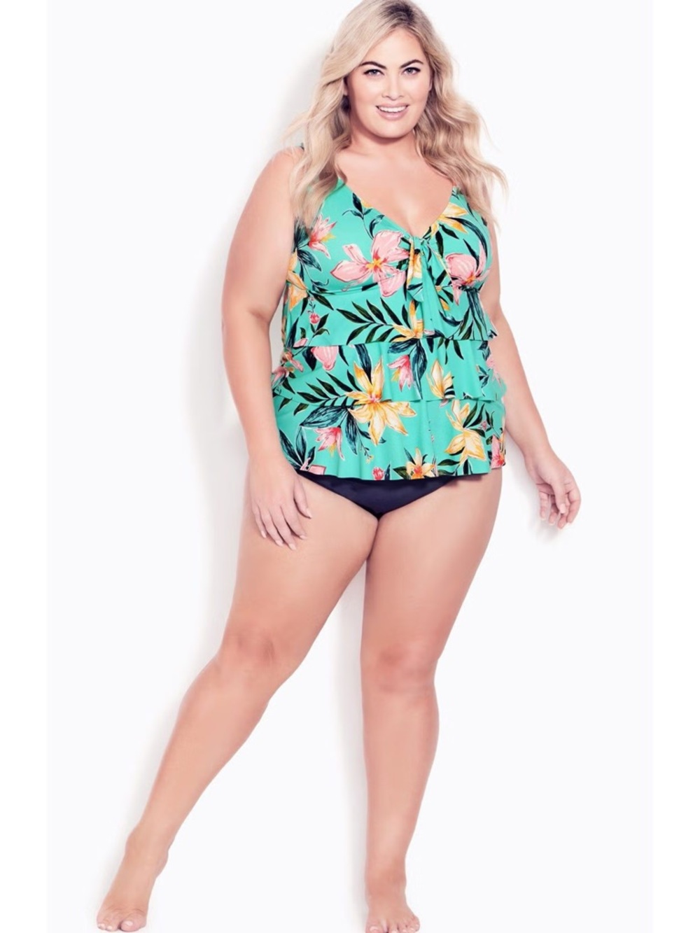 Avenue Plus Size Ruffled Turquoise Floral Print Swim Tankini Top